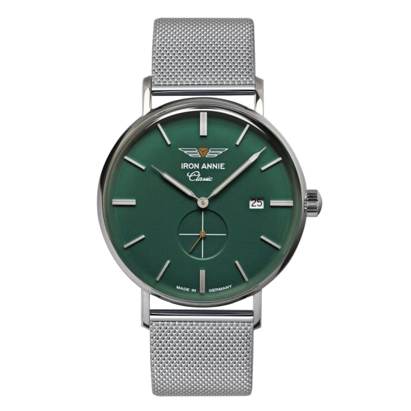 Iron Annie 5932M-4 Herrenuhr aus der Classic Kollektion mit Swiss Made Ronda 6004.D Quarzwerk. Grünes Zifferblatt, Edelstahlgehäuse, Milanaisearmband, kleine Sekunde und Datumsanzeige. Wasserdicht bis 5 Bar.